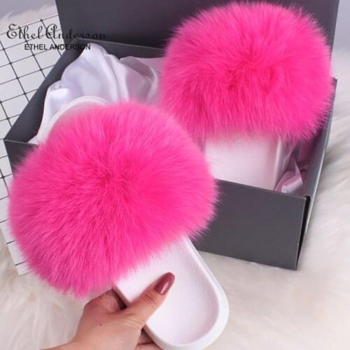 2019 Chic Fur slides Summer Real Fox Fur Slippers Women Flat Sandals Fashion Fluffy Fur Shoes