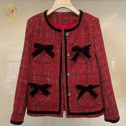 SMTHMA Newest Fashion 2021 Designer Runway O-Neck Bow Jacket Womens Single-Breasted Tweed Woolen Houndstooth Outwear