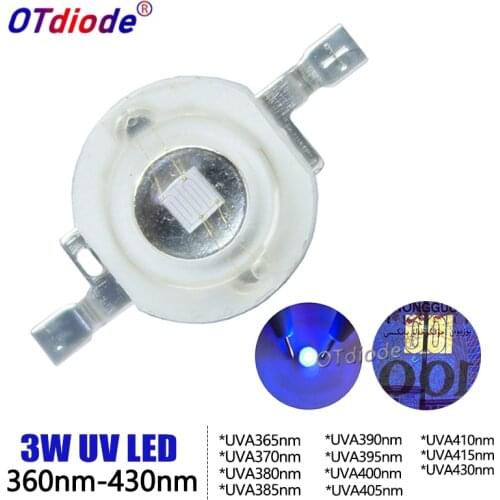 100pcs 3W UV High Power LED Light Beads Ultra Violet Purple LED Chip 360nm 365nm 370nm 380nm 390nm 395nm 400nm 405nm 430nm