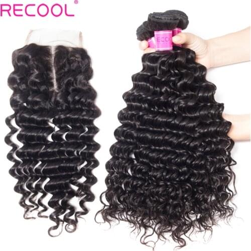 Recool Hair Brazilian Hair Weave Bundles With Closure 100% Human Hair Bundles 4 pcs Remy Hair Deep Wave 3 Bundles With Closure