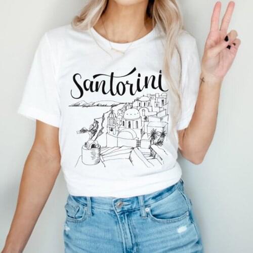 Santorini Scenery Women Casual Vacation T Shirt 2021 Summer Loose Short Sleeve Femme T-Shirts Aesthetic Graphic Tee Ladies Tops