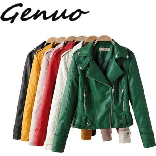 2020 Green Biker Jacket Women Trun Down Collar Red Leather Jacket Modis Black PU Casual Coat Streetwear Fashion Clothes Fall