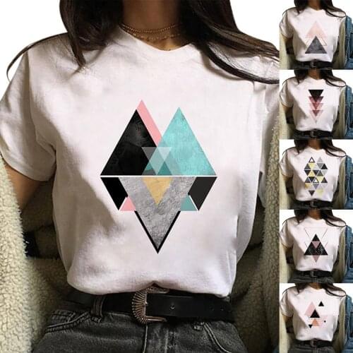Womens Summer geometric graphic print T-shirt Fashion Geometric Graphic Tee Shirt Ladies Top Tshirt Clothes round neck loose