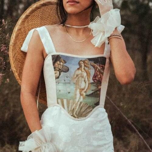 Colorful Printting Sleeveless Fishbone Lace Up Corset Top Summer Women Sexy Wild Streetwears Paty Outfits