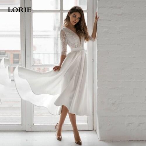 LORIE Short Lace Princess Wedding Dresses Mid-Calf Vestido De Novia V Neck Wedding Gowns 3/4 Long Sleeve Bride Dresses Plus Size