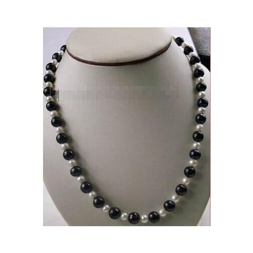 17'' lovely 6-7mm white&8-9mm black pearl necklace 925s Factory Wholesale price Women Gift word Jewelry