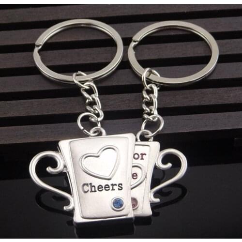 FREE SHIPPING by FEDEX 100pairs/lot New Fashion Metal Beer Cup Cheers For Love Keychains Couple Keyrings for Wedding