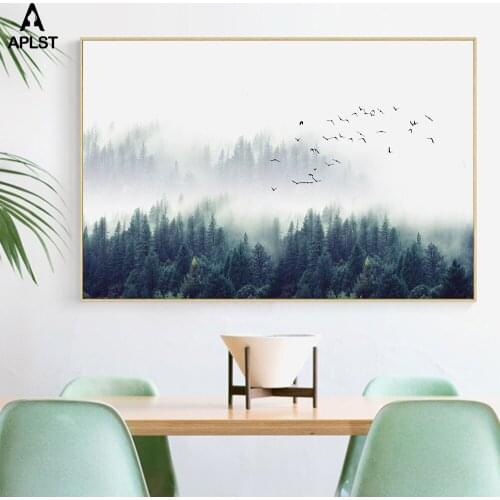 Large Nordic Foggy Forest Prints & Posters Trees Birds Landscape Canvas Painting Modern Wall Art Living Room Decorative Pictures