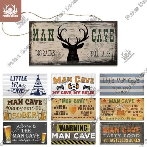 Putuo Decor Little Man Cave Sign Wooden Hanging Signs Fun Wooden Sign for Warning Man Cave Home Decor Room Door Decoration Men