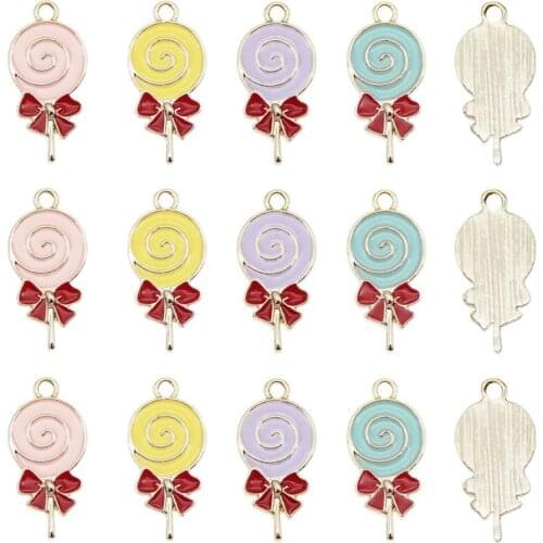 Julie Wang 8PCS Enamel Lollipop Charms Blue Pink Purple Yellow Candy Alloy Food Gold Tone Bracelet Jewelry Making Accessory