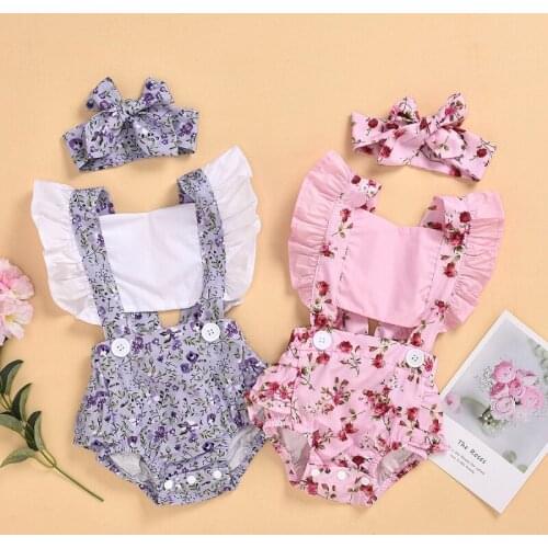 Cotton Baby Girl Clothes Summer Newborn Backless Floral Romper Jumpsuit Headband 2Pcs Outfits Infant Sweet Rompers One-Piece