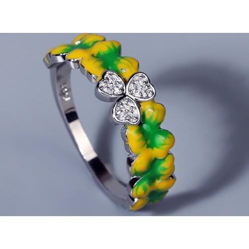 CIZEVA Fashion Shiny Clover Flower Ring 925 Sterling Silver CZ Rings for Women Elegant Handmade Enamel Ring Ladies Fine Jewelry
