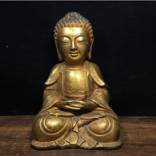 9"Chinese temple collection Old Bronze Gilt Shakyamuni Prince Buddha Baby buddha Sitting Buddha Ornaments Town House Exorcism