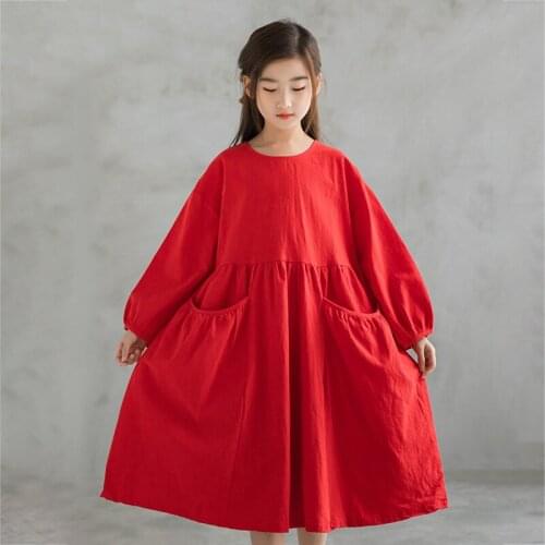 Girls Red Dress 2021 Fall New Teenage Girl Pocket Loose Long Sleeve Dresses Chidlren Cotton Dress Clothing 6 8 10 12 14 16Year