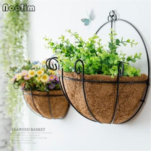 Creative Wall Hanging Coir Woven Basket Iron Frame Flower Pot Home Cafe Decoration Ornaments Green Plants Container