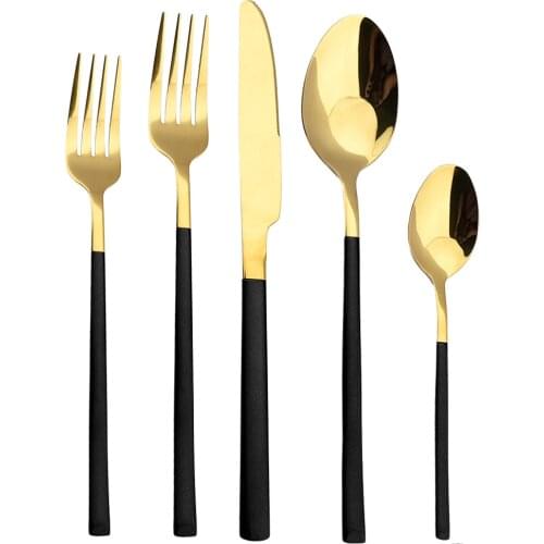 5Pcs Dinnerware Set Stainless Steel Tableware Set Knife Fork Spoon Dinner Set Black Gold Cutlery Set Kitchen Service for 6