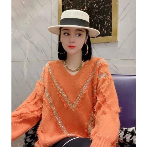 2021 Autumn and Winter New Fashion Womens V-neck Loose Pullover Sweater, Long-sleeved Sweater, Thick Top, White Sweater