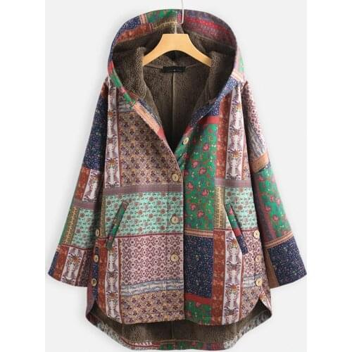 Parkas Retro Boho Cotton Jacket Casual Ethnic Print Fleece Hooded Warm Coat Women Outwear Loose Plus Size M-5XL Winter Clothes