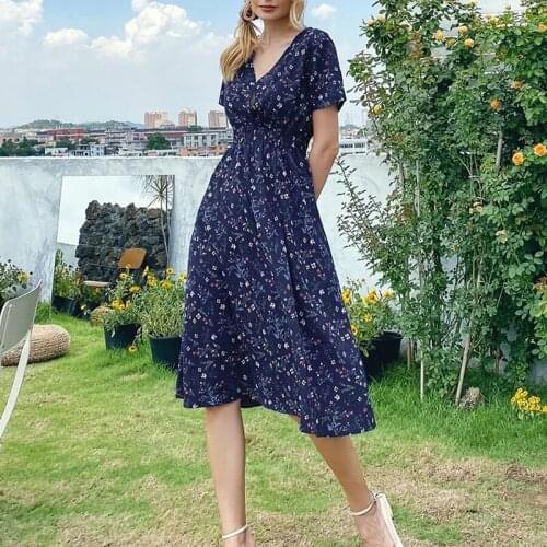 Women Summer Dress Boho Style Floral Print V-Neck Short Sleeves High Waist Casual Midi Dress for Ladies Female Sexy Fashion New