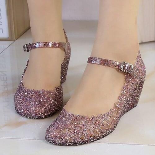 Glitter sandals female fashion wedges summer breathable shoes woman slides buckle jelly sandals