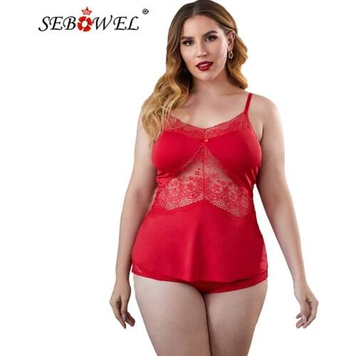 SEBOWEL Red/Black Spaghetti Straps Lace Insert Plus Size Pajamas Set Woman Summer Sexy Tops & Bottoms Female Sleep Loungewear