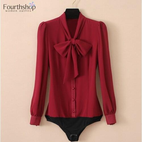 Burgundy Chiffon Blouses with Bow and Long Lantern Sleeve Fashion Bodysuit Women Tops Office Lady Work Body Shirt Rompers 2020