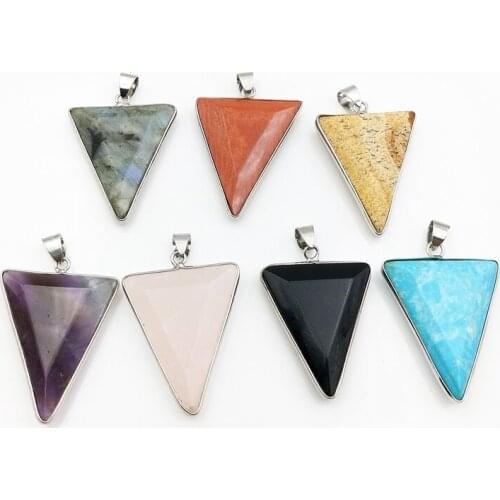 Triangle gems stone Pendants for Jewelry Making Natural Flash Labradorite amethysts obsidian turquoises silver Plated Charm