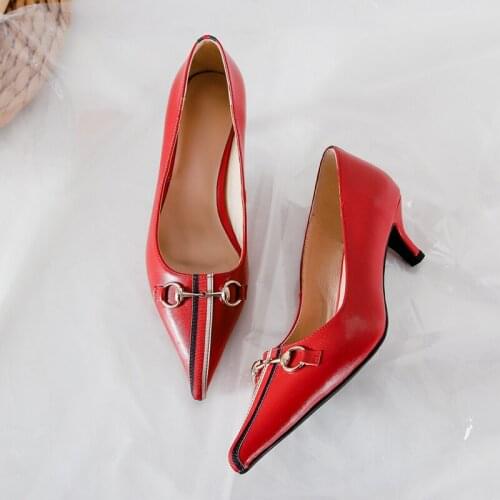 Pointed heel red belt with single shoes stiletto shallow mouth comfortable ladies shoes metal buckle leather womens shoes