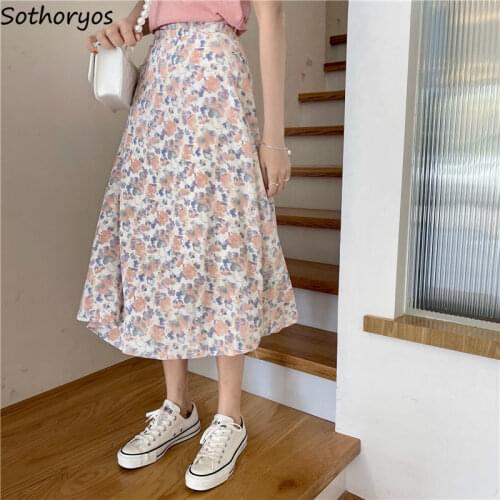 Tender Floral Printed Long Skirts Women High Waist A-line Stylish Loose Spring Female All-match Chic Sweet Lovely Daily Simple