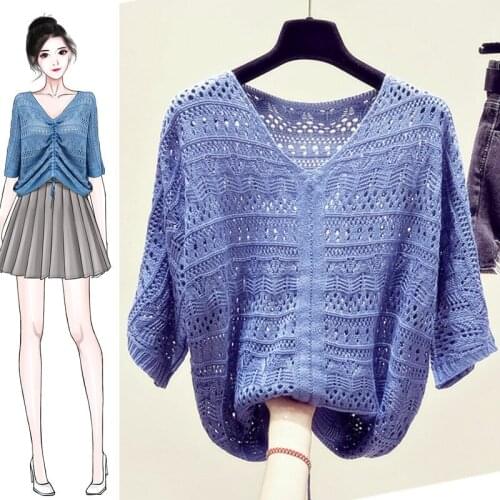 Ice silk knitwear short sleeve T-shirt womens clothing 2020 new summer drawstring hollowed out V-neck short high waist dress