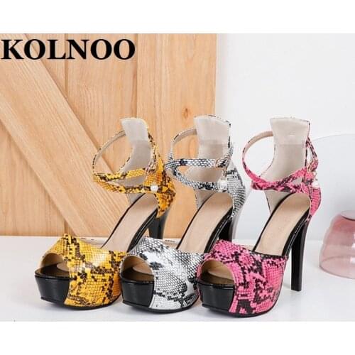 KOLNOO Handmade Real Photos Ladies High Heeled Sandals Faux Snake Print Leather Cross-Buckle Strap Peep-Toe Fashion Party Shoes