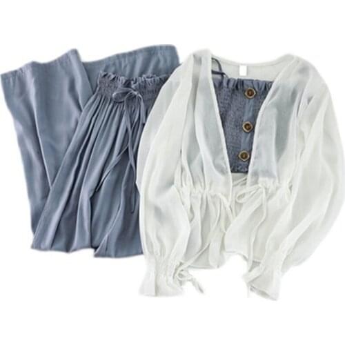 Fashion Suit Female Summer Camisole + High Waist Wide Leg Pants Trousers + Sunscreen Cardigan Jacket Three-piece Suit 2021