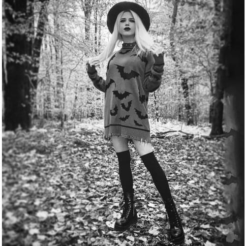 Bat Graphic Printed Gothic Oversize Sweaters Long Sleeve Loose Dark Grey Women Pullovers Ruched Hem Fashion Streetwear Sweaters