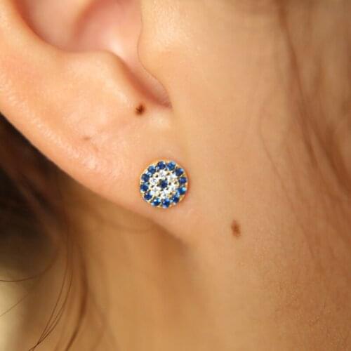 100% 925 Sterling Silver CZ Crystal Lucky Turkey Evil Eye Tiny Stud Earring Women hot fashion minimalist round cute eye jewelry