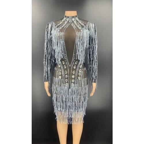 2021 Silver Rhinestone Fringe Transparent Black Short Dress Birthday Celebrate Prom Dress Women Dancer Mesh Dress