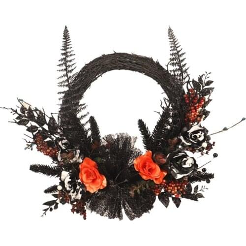 Halloween Decoration Wreath Black Spider Door Hanging Simulation Roses Halloween Party Indoor And Outdoor Ornaments