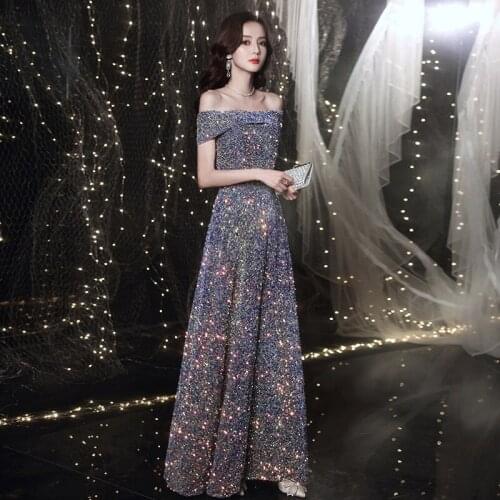 Purple sequined off the shoulder evening dress with A-line host banquet looks thin host Elegant birthday party prom dress A117