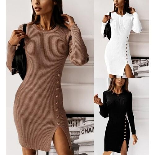 Kili WomenS Fashion Solid Color Long Sleeve High Neck Button Decorated Slit Dress