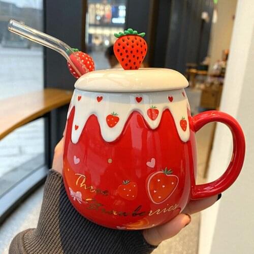 Mug with Straws Ceramic Mug with Lid Spoon Coffee Cup Couple Mug Strawberry Cute Girl Breakfast Mug Creative Kawaii Mug Tazas