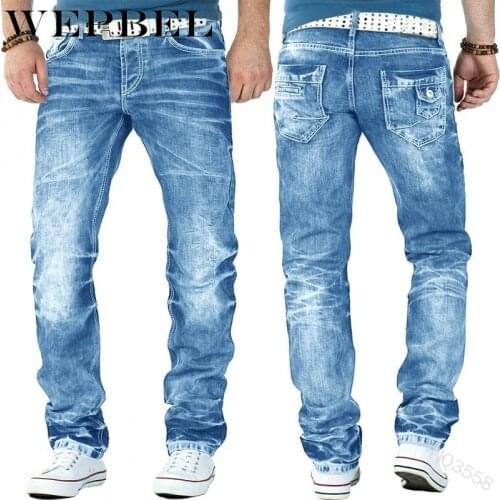 WEPBEL Mens Fashion Jeans Ripped Jeans Slim Fit Denim Pleated Jeans Male Straight Retro Tide Pants Jeans for Men