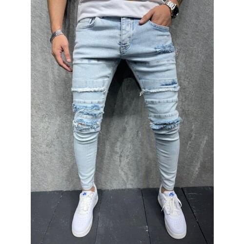 Premium Design Splicing Ice Blue Slim Fit Mens Jeans