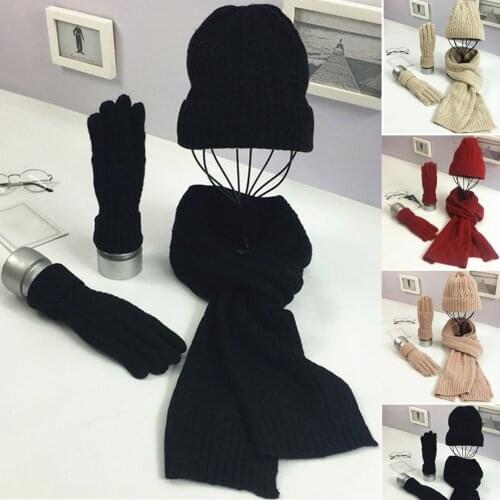 Newest Winter Women Wooly Thick Knit Hat Scarf Gloves Set Warm Soft knitted Woollen Set