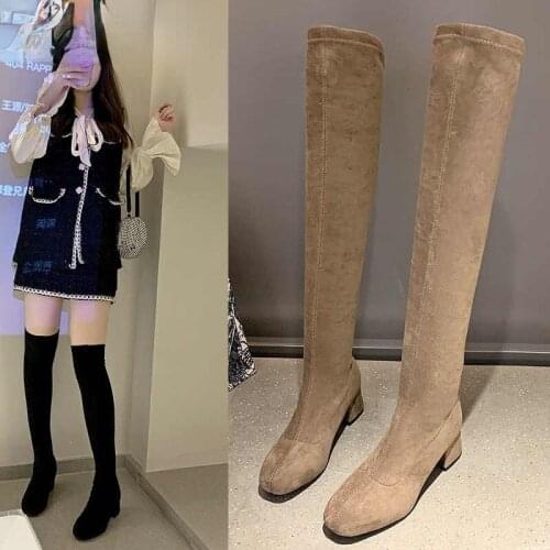 2021 New Fashion Winter Over-the-knee Boots Womens Stretch Fabric Womens Thigh High-top Sexy Lace-up Womens Flat Shoes Long