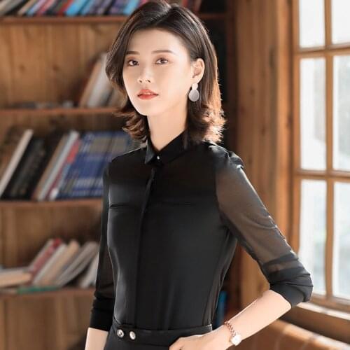 IZICFLY New Autumn Spring Black Shirt Work Wear Korean Tops Patchwork Slim Office Uniform Business Longsleeve Womens Blouse