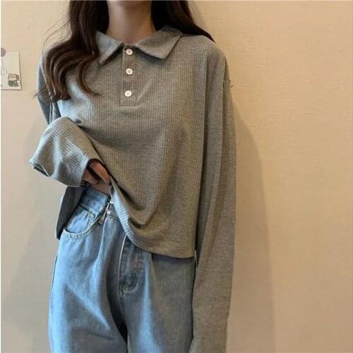 Antumn Winter Polo Lapel Knitted Shirt Knitwear Long-Sleeve Sweaters Elastic Crop Tops Coat Jumpers Women Fashion Black Grey