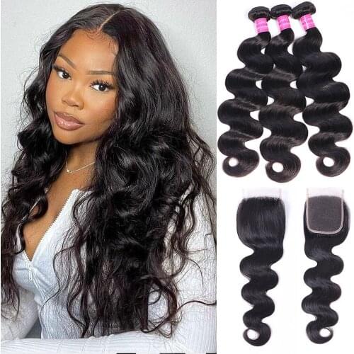 30 inches Peruvian Body Wave Bundles With Closure 100% Human Remy hair Extension weaves 4x4 Free Part Closure With Bundles Hair