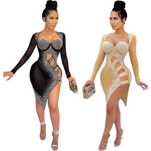 Zoctuo Midi Dresses Long Sleeve Diamonds Slim Club Dresses Women Party Night Sexy Hollow Out Slit Mesh See Through Slim Dress
