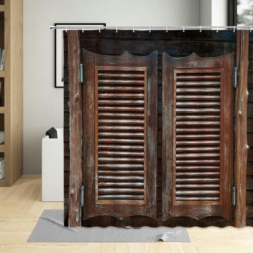 Retro West Cowboy Boots Hat Shower Curtains Retro Western Wooden Door Print Screen Bathroom Curtain Bathtub Decor With 12 Hooks