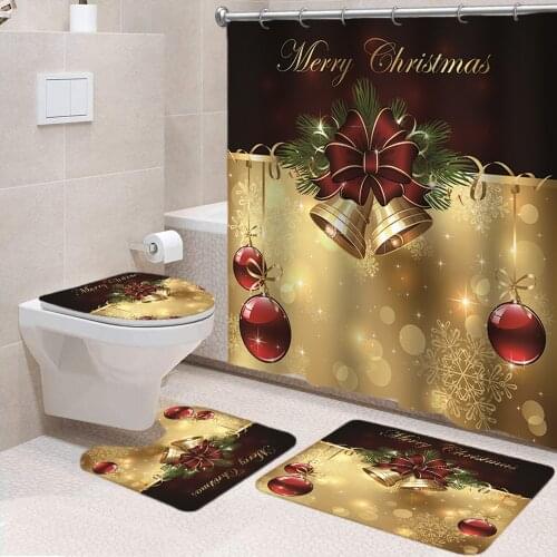 Merry Christmas Bathroom Curtain Set 3d Bell Bow Shower Curtains Waterproof Festival Decor Anti-slip Mat Toilet Cover Floor Rugs