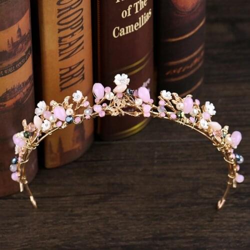 FORSEVEN Romantic Pink Color Flower Crystal Beads Tiara Crowns de Noiva Headband Diadem Bride Wedding Hair Jewelry Accessories